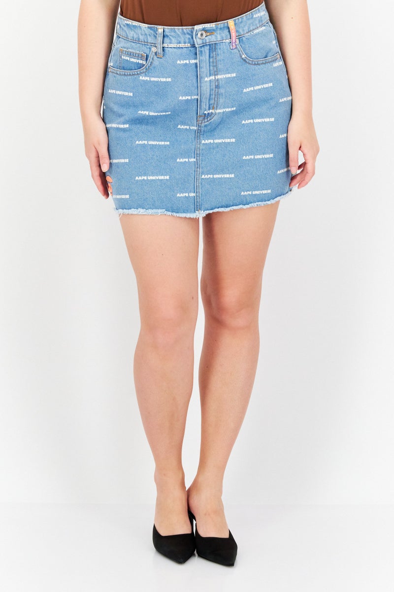 Aape By A Bathing Ape Women Embroidered Logo Denim Skirts, Washed Blue - Image 1