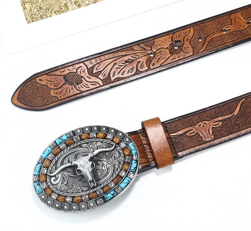 FGSS Western-Cowboy-Leather-Belts for Women Turquoise-Oval-Buckle Embossed Cowgirl Belt for Jeans Pants - Image 2