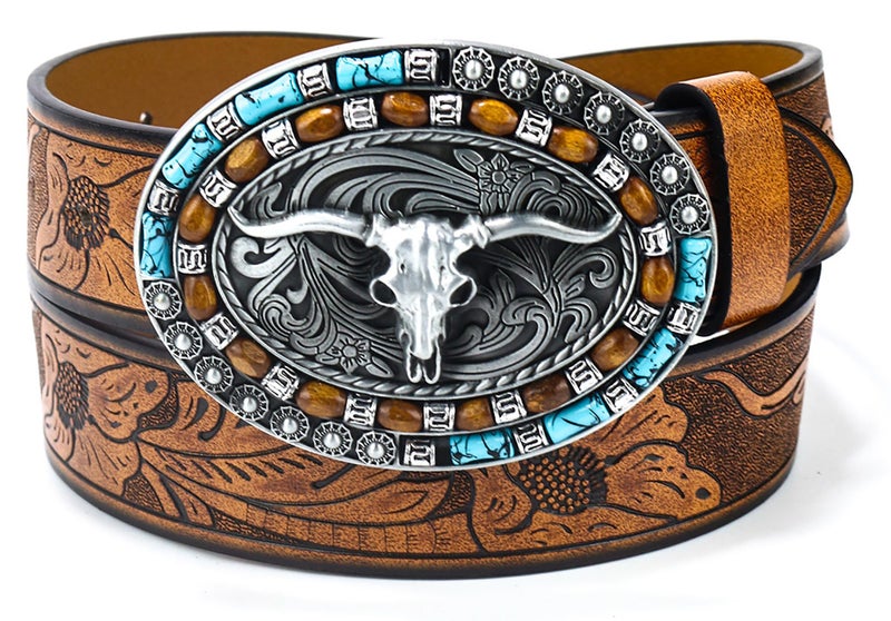FGSS Western-Cowboy-Leather-Belts for Women Turquoise-Oval-Buckle Embossed Cowgirl Belt for Jeans Pants - Image 1