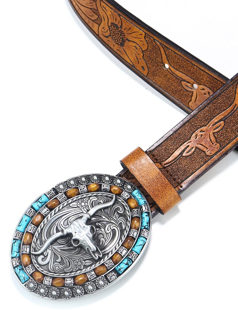 FGSS Western-Cowboy-Leather-Belts for Women Turquoise-Oval-Buckle Embossed Cowgirl Belt for Jeans Pants - Image 4