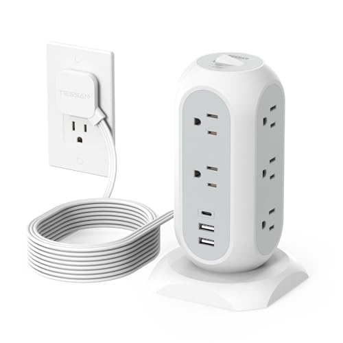 TESSAN Surge Protector Power Strip Tower 10 Ft, TESSAN Flat Plug Extension Cord with 11 AC Multiple Outlets 3 USB Ports (1 USB C), 1050J Desk Charging Station for Home, Office Supplies, Dorm Room Essentials - Image 1