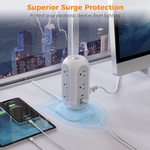TESSAN Surge Protector Power Strip Tower 10 Ft, TESSAN Flat Plug Extension Cord with 11 AC Multiple Outlets 3 USB Ports (1 USB C), 1050J Desk Charging Station for Home, Office Supplies, Dorm Room Essentials - Image 5