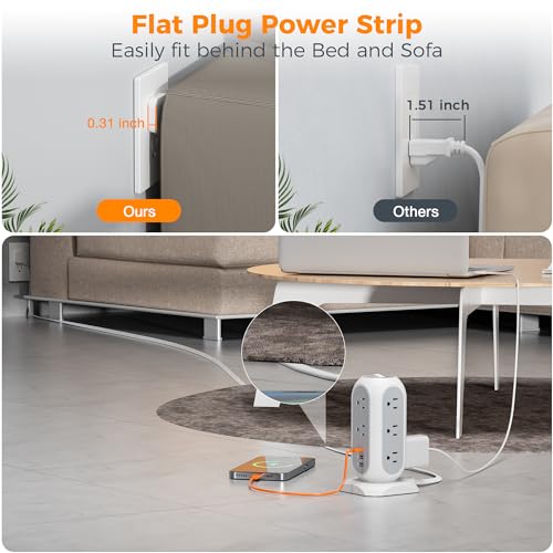 TESSAN Surge Protector Power Strip Tower 10 Ft, TESSAN Flat Plug Extension Cord with 11 AC Multiple Outlets 3 USB Ports (1 USB C), 1050J Desk Charging Station for Home, Office Supplies, Dorm Room Essentials - Image 4