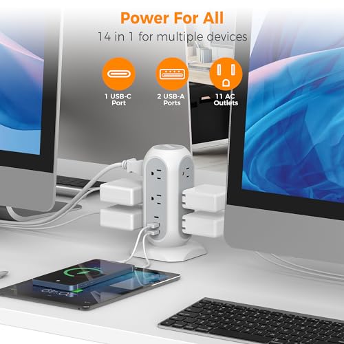 TESSAN Surge Protector Power Strip Tower 10 Ft, TESSAN Flat Plug Extension Cord with 11 AC Multiple Outlets 3 USB Ports (1 USB C), 1050J Desk Charging Station for Home, Office Supplies, Dorm Room Essentials - Image 3