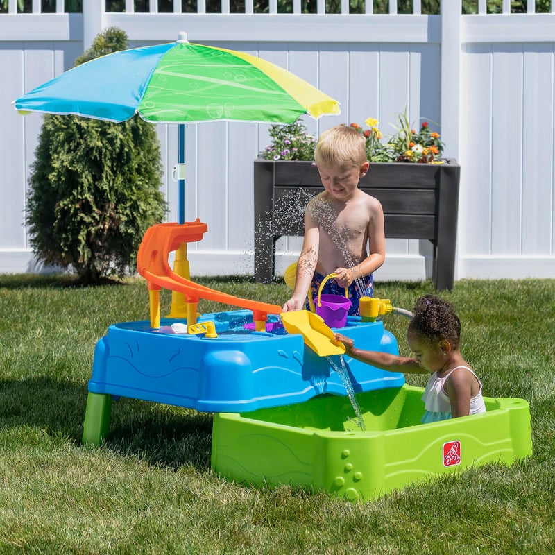 Step2 Waterpark Wonders Two Tier Water Table Kids Water Activity Sensory Playset with Umbrella Garden Hose Sprinkler Attachment 11 Piece Accessories Outdoor Summer Toy Ages 18 Months Blue - Image 4
