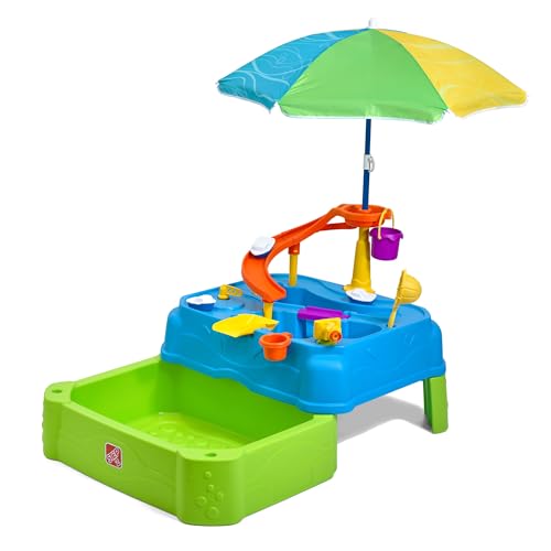 Step2 Waterpark Wonders Two Tier Water Table Kids Water Activity Sensory Playset with Umbrella Garden Hose Sprinkler Attachment 11 Piece Accessories Outdoor Summer Toy Ages 18 Months Blue - Image 1
