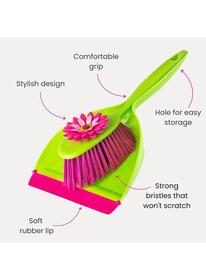 Vigar by Addis Flower Power Handy Dustpan and Brush Set, Green/Pink - Image 4