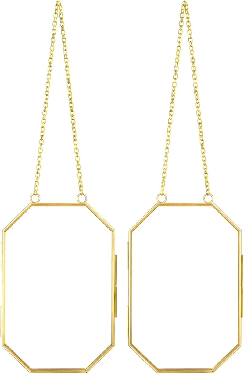 Pressed Flower Glass Frame Set, 2 Gold Metal Floating Picture Holders, Octagon Design with Chain for Hanging, Botanical Photo Display - Image 2