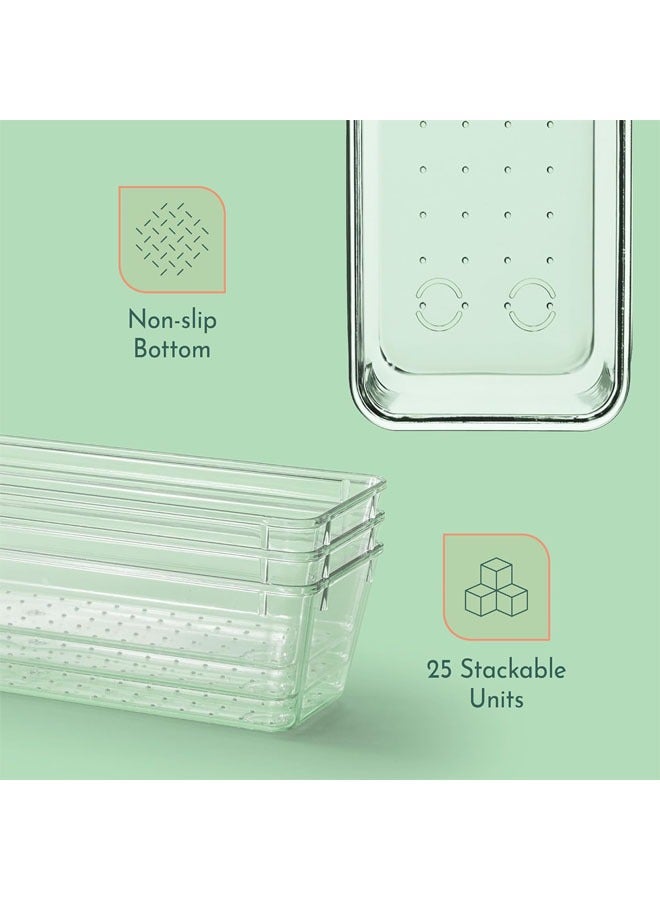 25 PCS Clear Plastic Drawer Organizers Set, 4 Sizes Clear Drawer Organizers & storage Bins for Makeup/Jewelry Vanity, Kitchen Gadgets Or Office Desk. Bathroom Drawer Organizer Trays With Non-Slip Pads