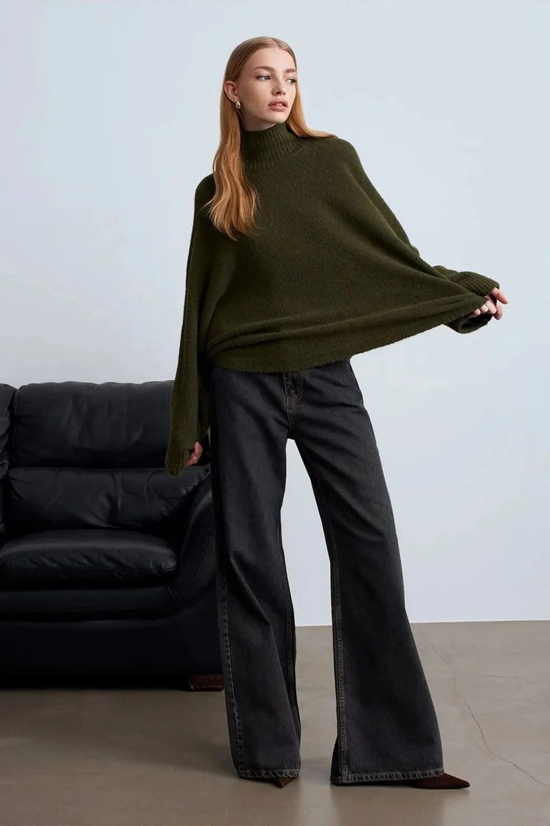 Dilvin Forest Green DILVIN Oversized Ribbed Turtleneck Sweater for Women | Best Price UAE