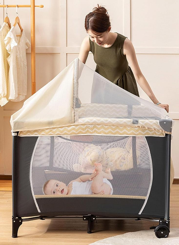 Sharpdo Portable And Foldable Baby Newborn Cots Beds, Multifunctional Baby Bassinet With Changing Diaper Table And Mosquito Net-Khaki - Image 4