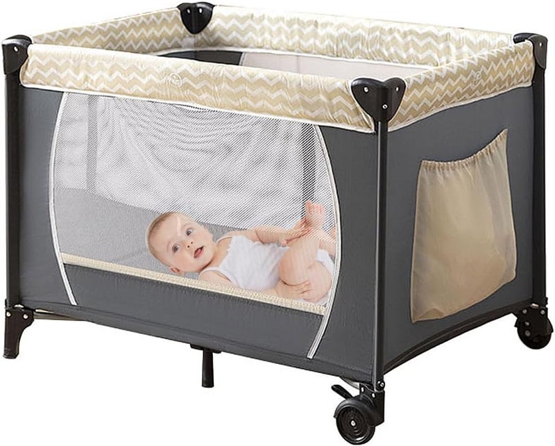 Sharpdo Portable And Foldable Baby Newborn Cots Beds, Multifunctional Baby Bassinet With Changing Diaper Table And Mosquito Net-Khaki - Image 1