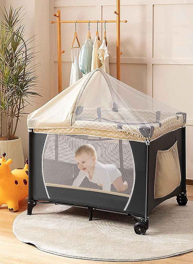 Sharpdo Portable And Foldable Baby Newborn Cots Beds, Multifunctional Baby Bassinet With Changing Diaper Table And Mosquito Net-Khaki - Image 2