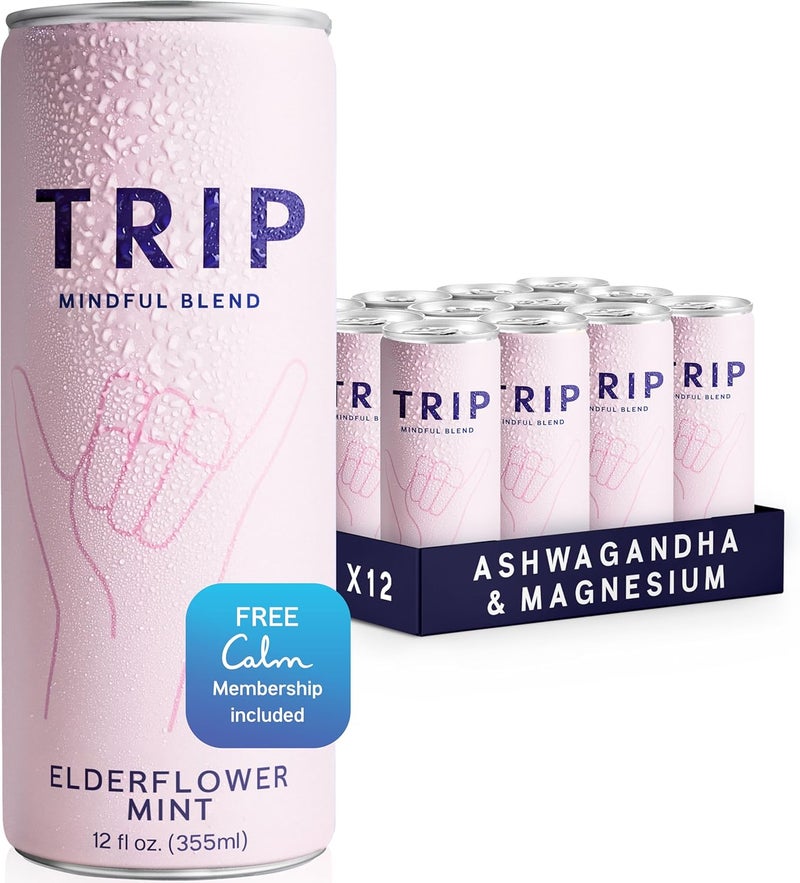 TRIP Mindful Blend Elderflower Mint - Carbonated Adaptogen Drink with Ashwagandha & Magnesium, 12 Fl Oz (Pack of 12) - Image 1