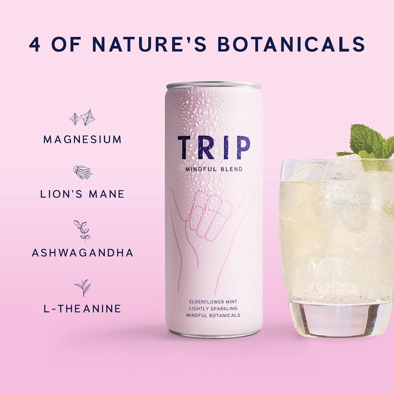 TRIP Mindful Blend Elderflower Mint - Carbonated Adaptogen Drink with Ashwagandha & Magnesium, 12 Fl Oz (Pack of 12) - Image 2