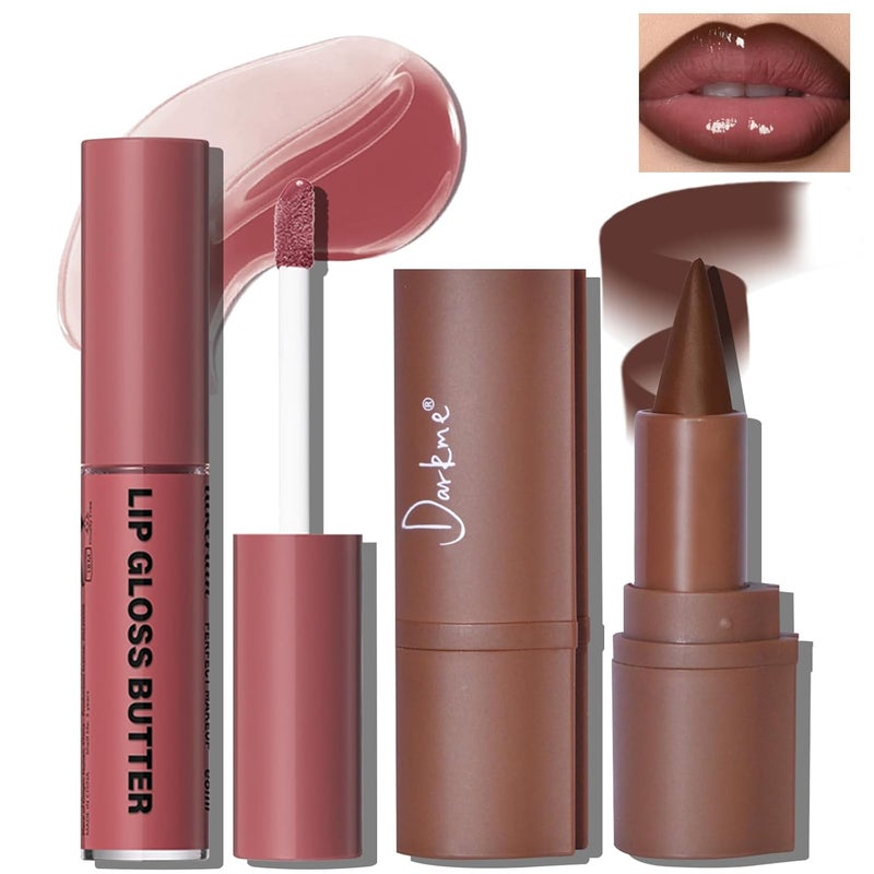 HOSAILY Lip Liner Butter Gloss Set Dark Brown Plumping Lip Liner Lip Pencil Moisturizing Lightweight Lip Gloss Lip Combo High Shine Glossy Lip Tint Lip Stain Makeup Long Lasting Lip Care for Women 