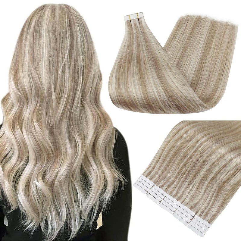 Full Shine Tape in Hair Extensions Human Hair 18 Ash Blonde Highlight 613 Blonde Double Sided Tape in Hair Extensions 12 Inch Invisible Straight Hair Extensions Tape in 30G 20Pcs Tape in Extensions