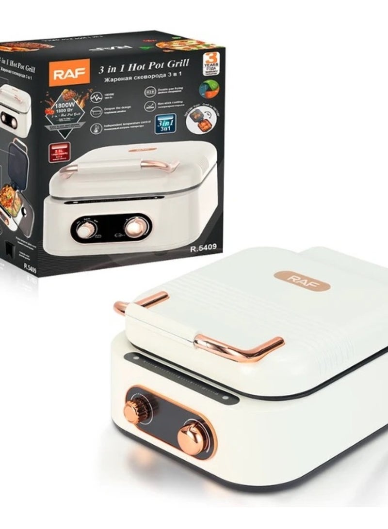 آر إيه أف شواية كهربائية 3 في 1 مع قدر طهي - طباخ متعدد الوظائف، مقلاة، بخار، وشواية (2.5 لتر، 1800 واط) - Image 4
