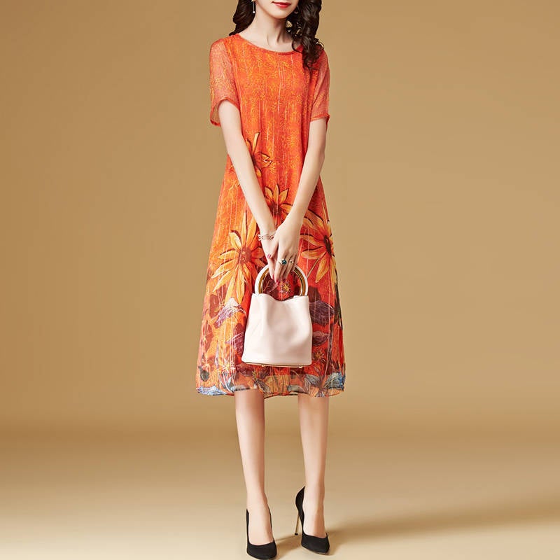 New Short-sleeved dress Womens Summer Korean-style Slim-fit Slimming Mid-length plus size Over-the-Knee Dress Trendy Dress for Mother Orange