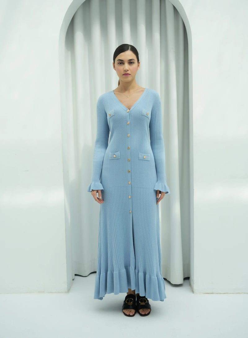 Andy 2330 | Elegant Button-Down Ribbed Knit Maxi Dress with Flared Cuffs and Ruffle Hem - Stylish and Comfortable | Aqua Blue - Image 1