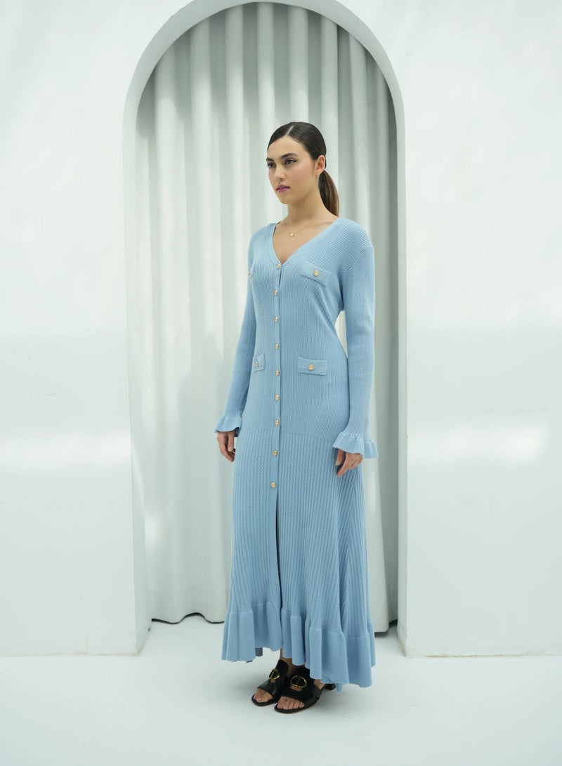 Andy 2330 | Elegant Button-Down Ribbed Knit Maxi Dress with Flared Cuffs and Ruffle Hem - Stylish and Comfortable | Aqua Blue - Image 2