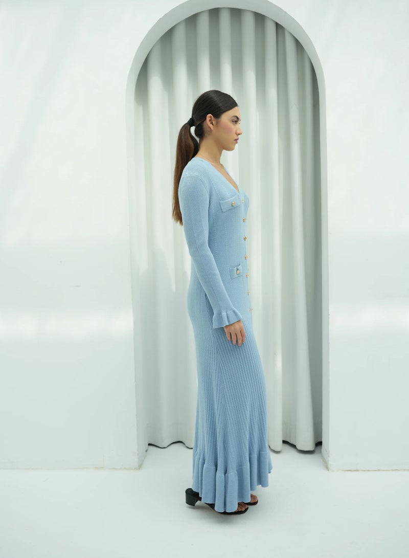 Andy 2330 | Elegant Button-Down Ribbed Knit Maxi Dress with Flared Cuffs and Ruffle Hem - Stylish and Comfortable | Aqua Blue - Image 3