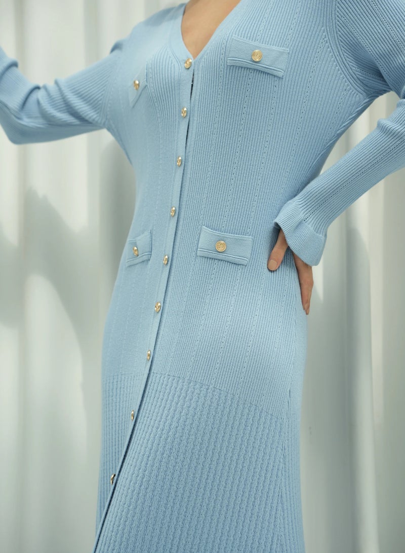 Andy 2330 | Elegant Button-Down Ribbed Knit Maxi Dress with Flared Cuffs and Ruffle Hem - Stylish and Comfortable | Aqua Blue - Image 5