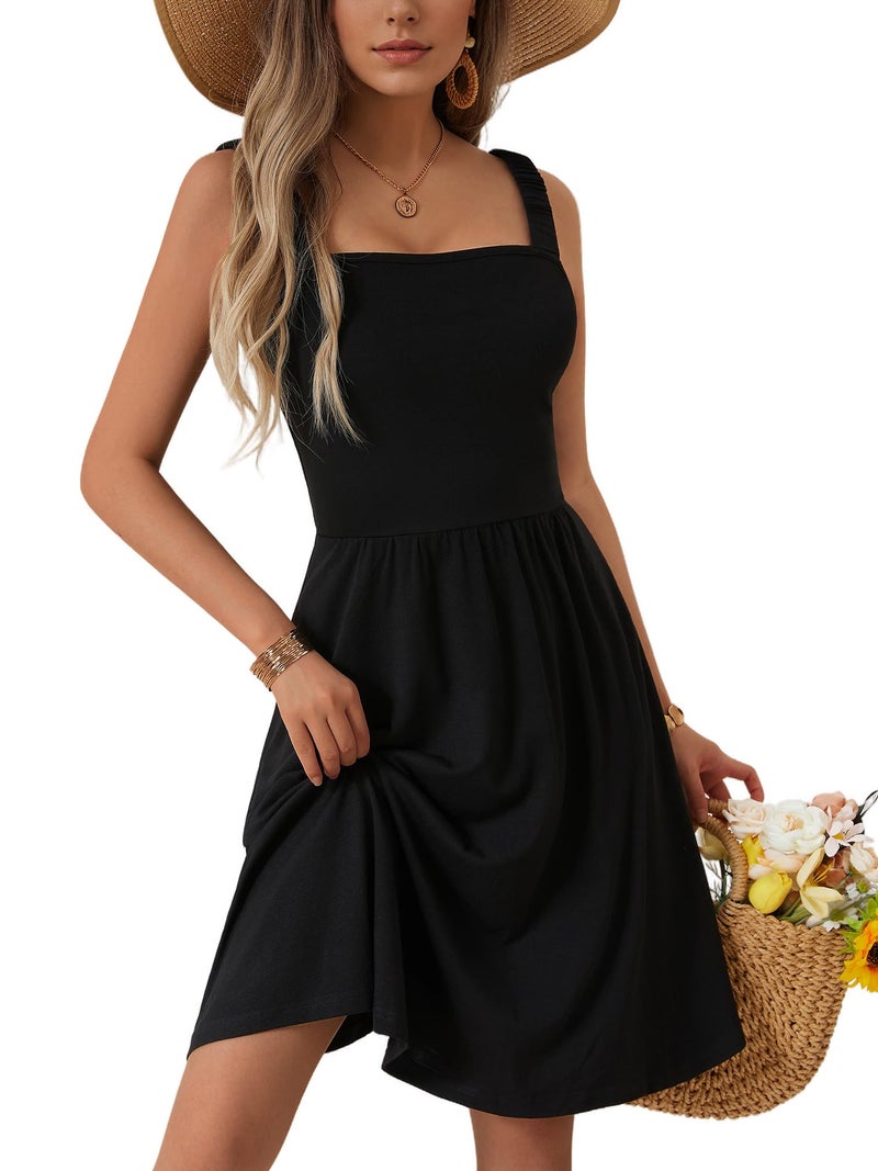 HUHOT Black Dresses for Women 2026 Dinner Prom Spring Square Neck Short Elegant Sleeveless Midi Dresseswith Pocket - Image 1