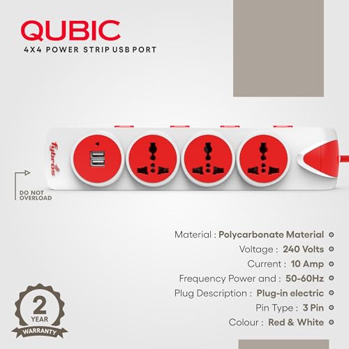 Fybros Qubic 4X4 Extension Cord, Power Strip with International Sockets Extension Board, USB Ports,10 AMP Output,2 Year Warranty, 2 Meter Heavy Duty Cable, Surge and Spike Guard - Made in India - Image 5