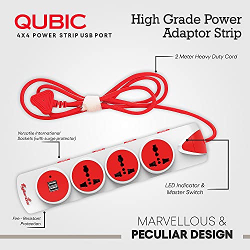 Fybros Qubic 4X4 Extension Cord, Power Strip with International Sockets Extension Board, USB Ports,10 AMP Output,2 Year Warranty, 2 Meter Heavy Duty Cable, Surge and Spike Guard - Made in India - Image 2