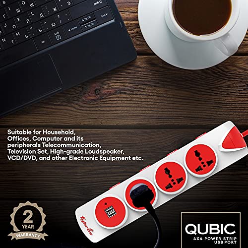 Fybros Qubic 4X4 Extension Cord, Power Strip with International Sockets Extension Board, USB Ports,10 AMP Output,2 Year Warranty, 2 Meter Heavy Duty Cable, Surge and Spike Guard - Made in India - Image 3