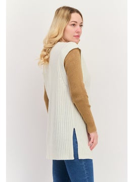 Black Tape Women V-Neck Knitted Sweater Vest, Ivory  - Image 2