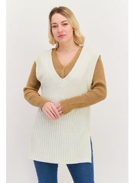 Black Tape Women V-Neck Knitted Sweater Vest, Ivory  - Image 1