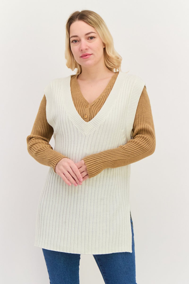 Black Tape Women V-Neck Knitted Sweater Vest, Ivory  - Image 1