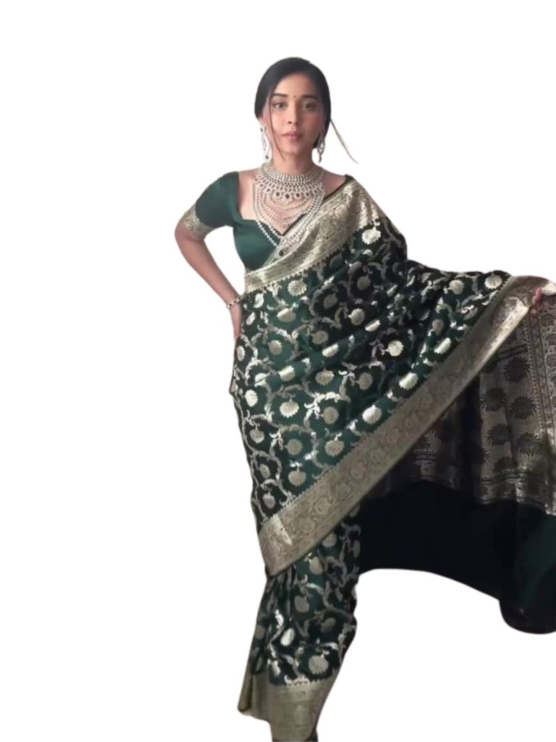 Shiv Textiles Womens Ready To Wear Banarasi Soft Lilan Cotton Saree, Dark Green - Image 1