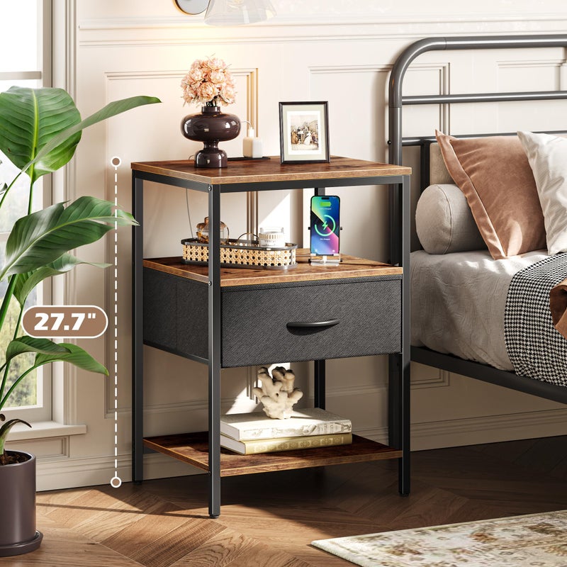 SUPERJARE Night Stand with Charger Station, 27.7 Inch Tall Nightstand with Adjustable Fabric Drawer, Bed Side Table, Fabric Drawer Dresser for Bedroom, Living Room, Rustic Brown and Black - Image 5