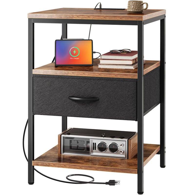 SUPERJARE Night Stand with Charger Station, 27.7 Inch Tall Nightstand with Adjustable Fabric Drawer, Bed Side Table, Fabric Drawer Dresser for Bedroom, Living Room, Rustic Brown and Black - Image 1