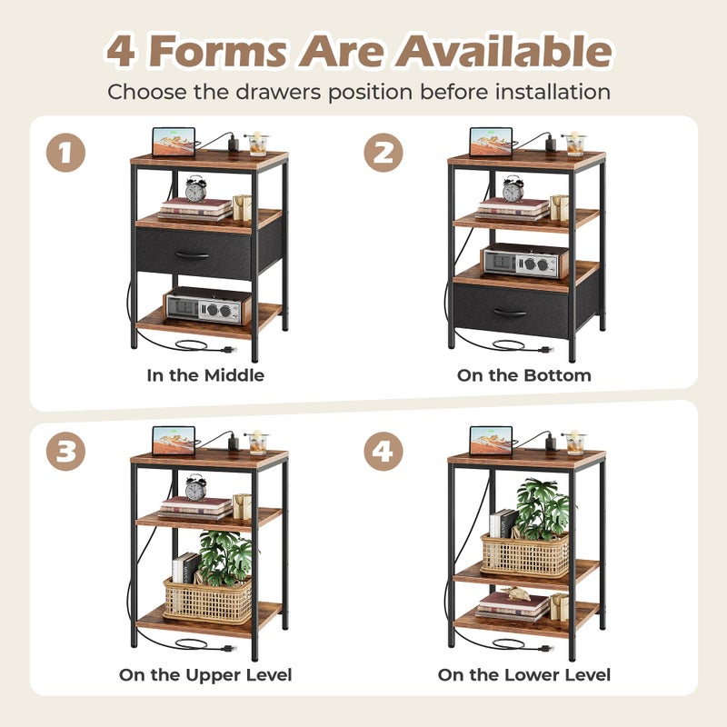 SUPERJARE Night Stand with Charger Station, 27.7 Inch Tall Nightstand with Adjustable Fabric Drawer, Bed Side Table, Fabric Drawer Dresser for Bedroom, Living Room, Rustic Brown and Black - Image 4