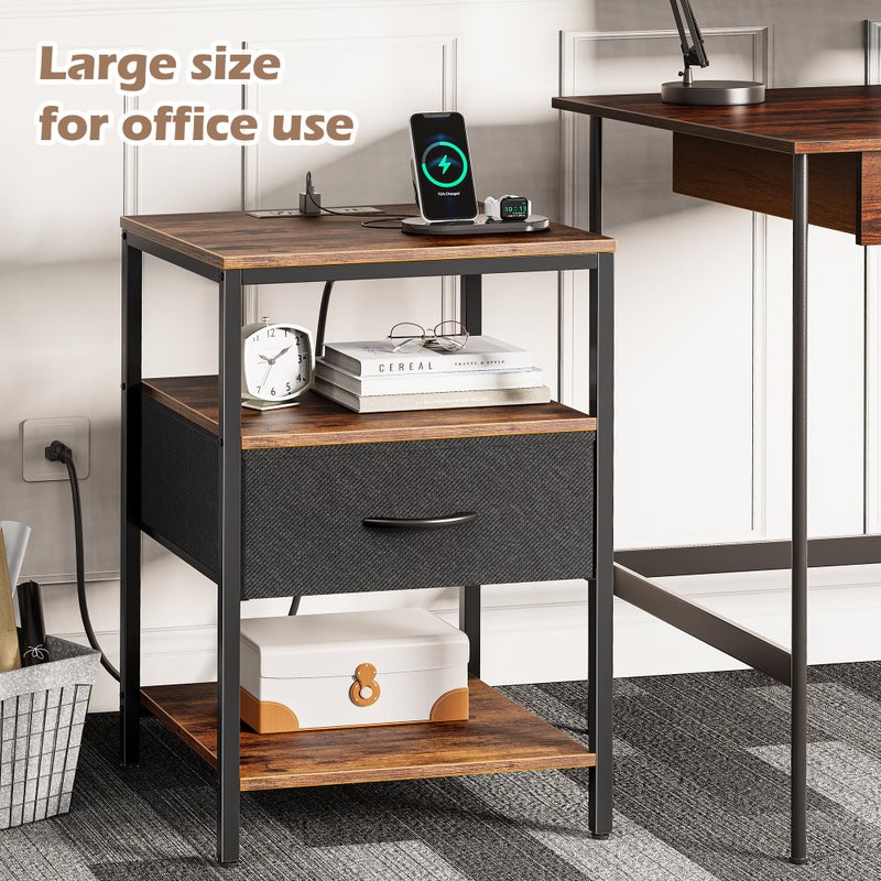 SUPERJARE Night Stand with Charger Station, 27.7 Inch Tall Nightstand with Adjustable Fabric Drawer, Bed Side Table, Fabric Drawer Dresser for Bedroom, Living Room, Rustic Brown and Black - Image 2