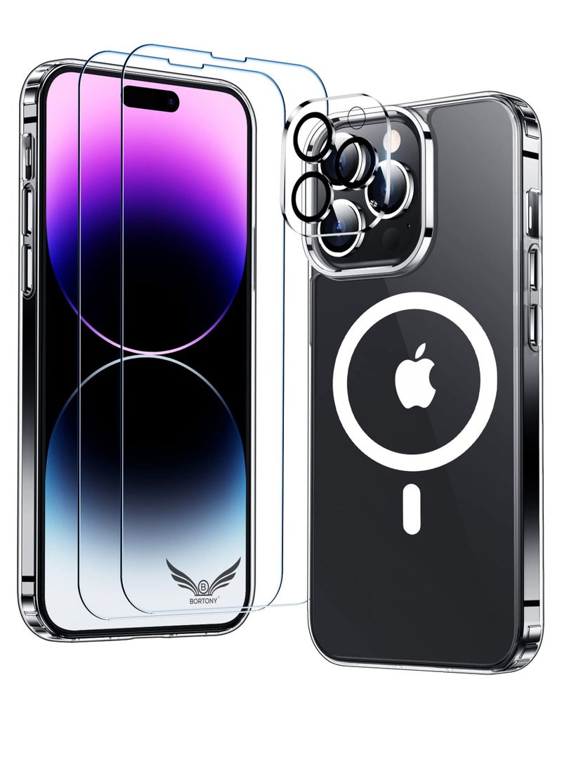 بورتوني غطاء iPhone 14 Pro Max متوافق مع Magsafe Anti Yellowing Pack من 2 واقي شاشة زجاجي + واقي عدسة الكاميرا رفيع رفيع ومقاوم للصدمات وحقيبة مغناطيسية شفافة - Image 1