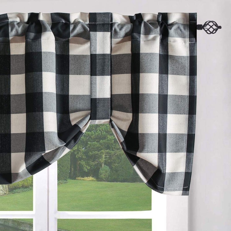 VOGOL VOGOL Tie Up Valances for Windows Black Buffalo Check Plaid Gingham Pattern Rod Pocket Tie Up Shades for Kitchen Windows Cafe Curtains 52 x 18 Inches 