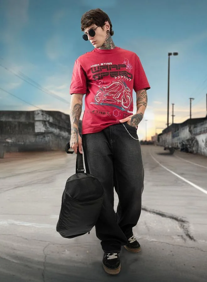 هاي ستار تي شيرت قطن مطبوع برسومات موتو ريسر بياقة دائرية وأكمام قصيرة بقصة مريحة