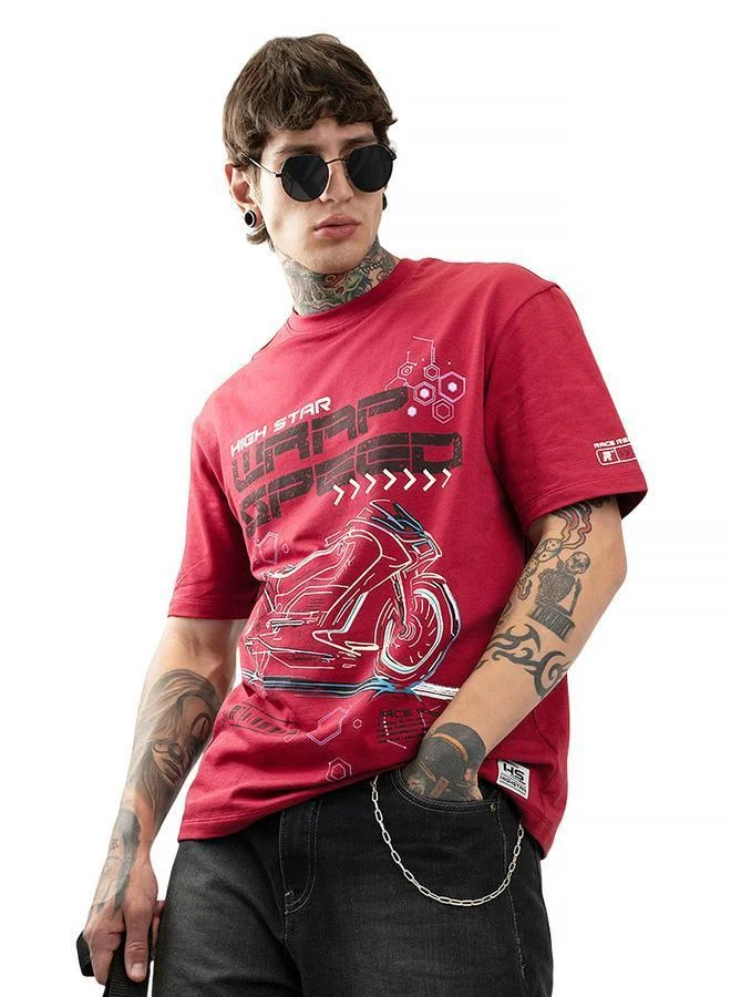 Moto Racer Graphic Printed Round Neck Short Sleeves Relaxed Fit Cotton T-shirt