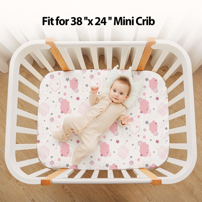 FIEMOL Baby Mini Crib Sheets Girl, Portable 38â€x26â€ Pack and Play Sheets Fitted for Playard and Pack N Play Mattress, 3-Pack Soft Microfiber Pink Rainbow - Image 4