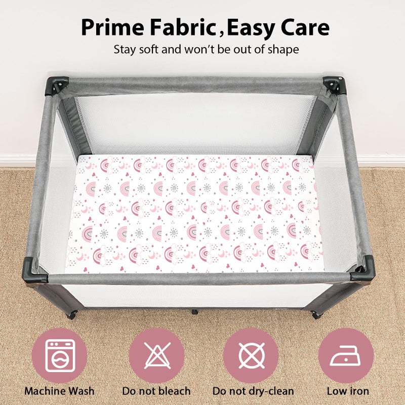 FIEMOL Baby Mini Crib Sheets Girl, Portable 38â€x26â€ Pack and Play Sheets Fitted for Playard and Pack N Play Mattress, 3-Pack Soft Microfiber Pink Rainbow - Image 3