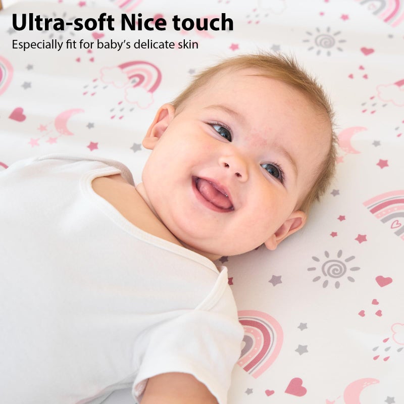 FIEMOL Baby Mini Crib Sheets Girl, Portable 38â€x26â€ Pack and Play Sheets Fitted for Playard and Pack N Play Mattress, 3-Pack Soft Microfiber Pink Rainbow - Image 2