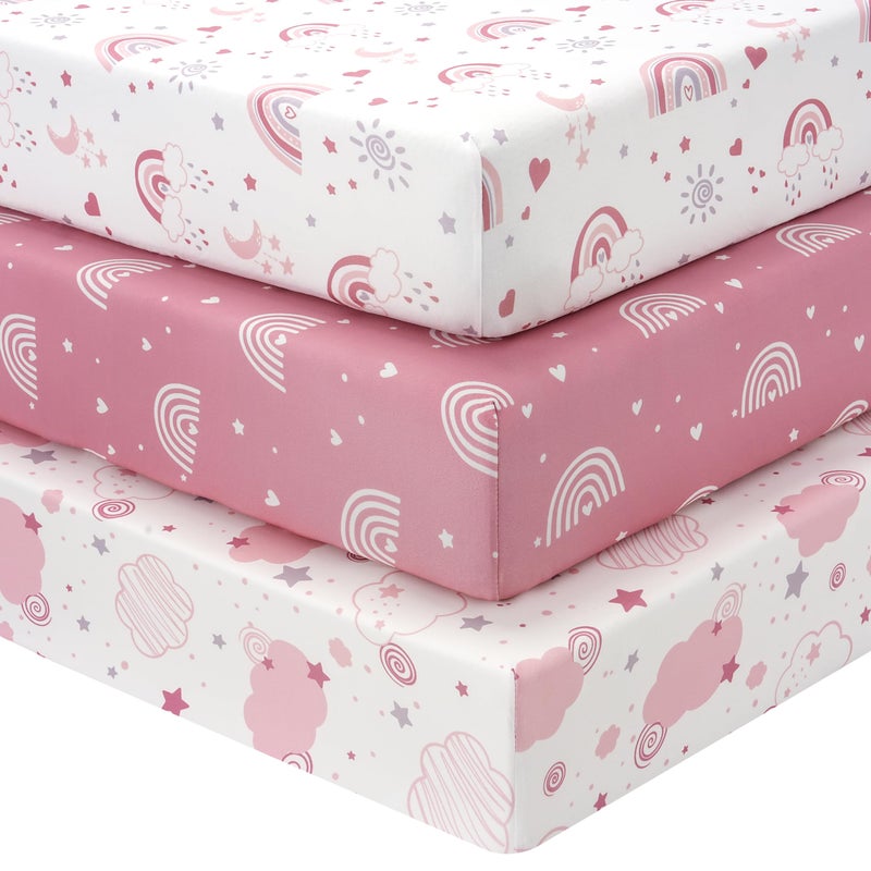 FIEMOL Baby Mini Crib Sheets Girl, Portable 38â€x26â€ Pack and Play Sheets Fitted for Playard and Pack N Play Mattress, 3-Pack Soft Microfiber Pink Rainbow - Image 1