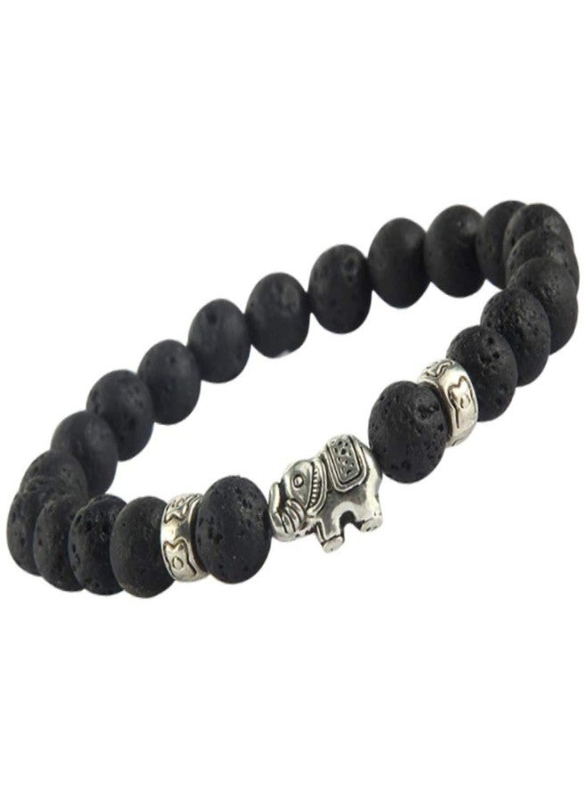 EDMIRIA Natural Semi Precious Stones Lucky Fortune Elephant Charm Positive Energy 7 Chakra 8mm Gemstones Beads Elastic Stretchable Bracelet for Men & Women (Lava) - Image 2