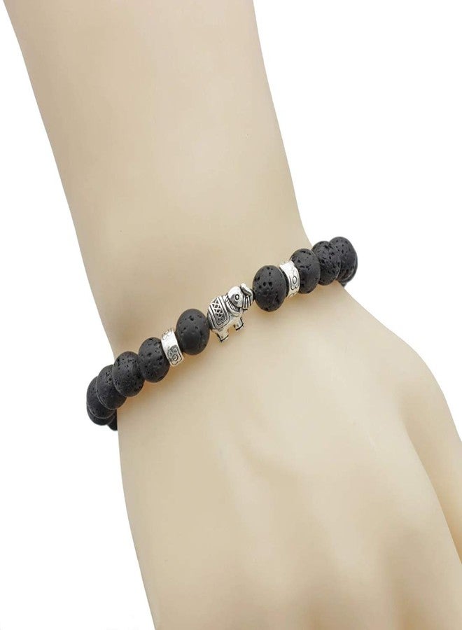 EDMIRIA Natural Semi Precious Stones Lucky Fortune Elephant Charm Positive Energy 7 Chakra 8mm Gemstones Beads Elastic Stretchable Bracelet for Men & Women (Lava) - Image 3