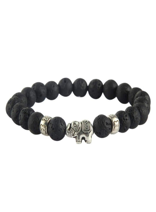 EDMIRIA Natural Semi Precious Stones Lucky Fortune Elephant Charm Positive Energy 7 Chakra 8mm Gemstones Beads Elastic Stretchable Bracelet for Men & Women (Lava) - Image 1